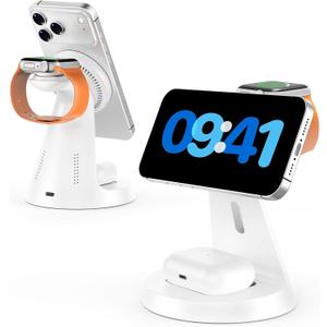 Wireless Charger 3 in 1 Charging Station for iPhone: Magnetic Docking Station for iPhone 17/16/15/14/13/12 - Multi Charging Dock for Apple Watch & Airpods 4 3 2 Pro (Adapter Included) (White)