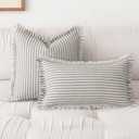 Throw Pillow Covers 22x22 Set of 2 Striped Fringe Pillow Cover Farmhouse Cushion Covers with Tassel Neutral Boho Pillows Decorative Square Pillowcase for Couch Sofa Bed, Grey