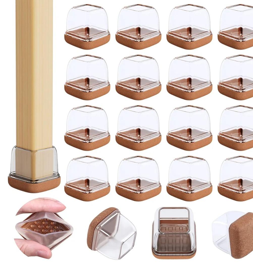 16 Pcs Clear Chair Leg Floor Protectors for Hardwood Floors - Square Silicone Covers with Felt Pads, Protect Floors, Reduce Noise (Fit: 3/4" to 1") 15 Pack