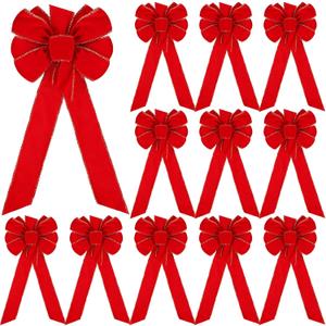 WILLBOND 12 Pieces Velvet Christmas Red Bows Gold Wired Edge Ribbon Christmas Wreath Ornament Bows for Xmas Tree Wreath Fence Stairs Railing Fireplace Home Indoor Outdoor Front Door Decorations