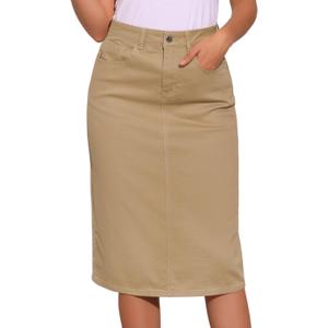 Allegra K Casual Denim Skirt for Women's High Waist Split Back Pockets Midi Jean Skirts (Khaki, L)