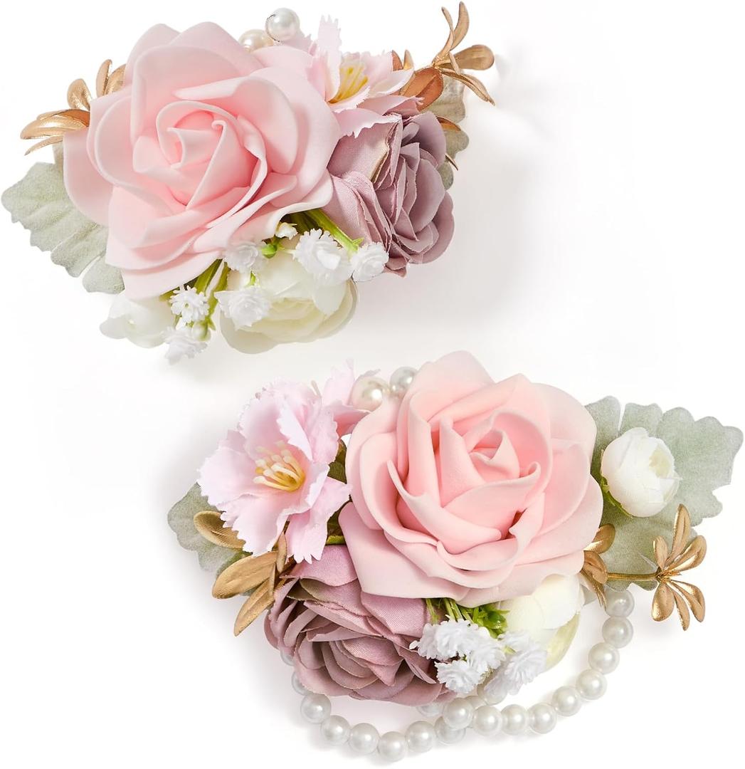 Rose Pink Corsage and Boutonniere Set for Wedding Prom(Set of 2),Artificial Flower Wrist Corsage Bracelets for Women Homecoming,Boutonniere for Men Suit Decorations Party Anniversary