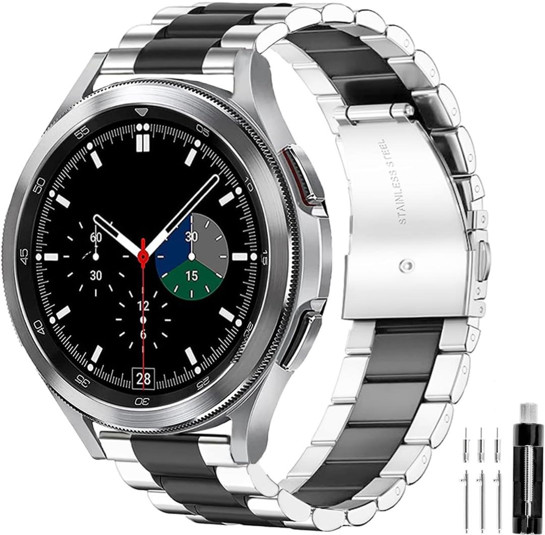 GOLDTOLUCK Stainless Steel Band Compatible with Samsung Galaxy Watch 8 7 6 5 4 Classic FE Pro 40mm 44mm 46mm 43mm 47mm 45mm 42mm 20mm Men Women Milanese Replacement Metal Elegant Casual (Black/Silver)