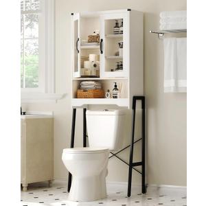 Over The Toilet Storage Cabinet with Tempered Glass Doors & Metal Stand, Over Toilet Organizer with Adjustable Shelf Space Saver Over Toilet , Tall Freestanding Shelf/Rack for Bathroom, Modern, White