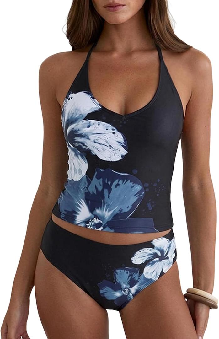 ZAFUL Women's Floral Tankini Swimsuits Halter Neck Tummy Control Polka Dot Tankini Set Two Piece Bathing Suit (XL)