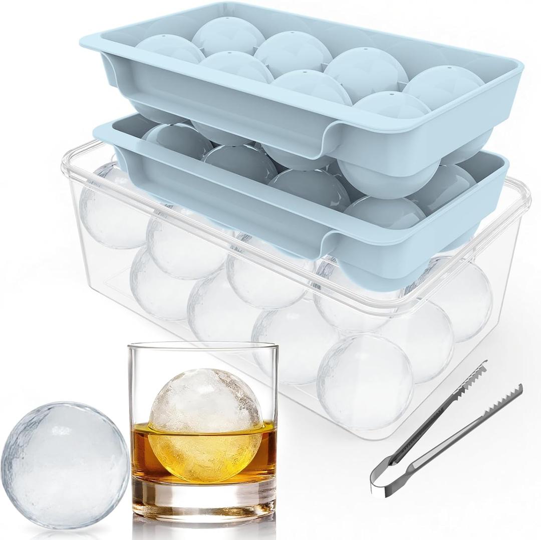 Large Ice Ball Maker Mold, 2.5" Round Ice Cube Mold for Whiskey Bourbon Cocktail, 8 Balls, Sphere Ice Mold, Big Ice Cube Tray with Container and Tongs, Easy to Fill & Release (Blue)