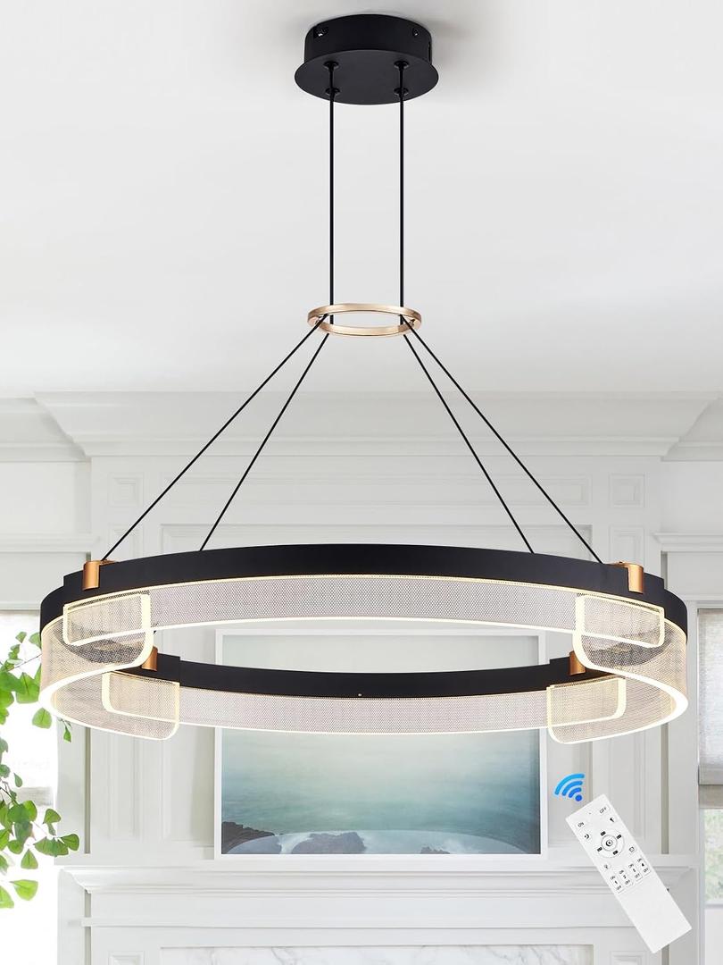 Benkut Modern LED Pendant Light Dimmable Black LED Chandelier for Dining Room Pendant Light Fixture Over Table Modern Chandelier Kitchen Island Living Room Entryway, 24 inch 3000K-6500K, 1 Ring Circular D24in