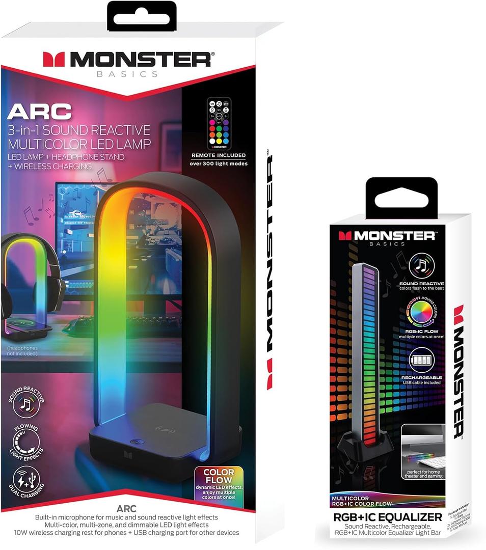 Multi-Color Sound Reactive Bundle: Arc Lamp Stand with Wireless Charger + Rechargeable Equalizer Light Bar, Xtreme Easy Assembly