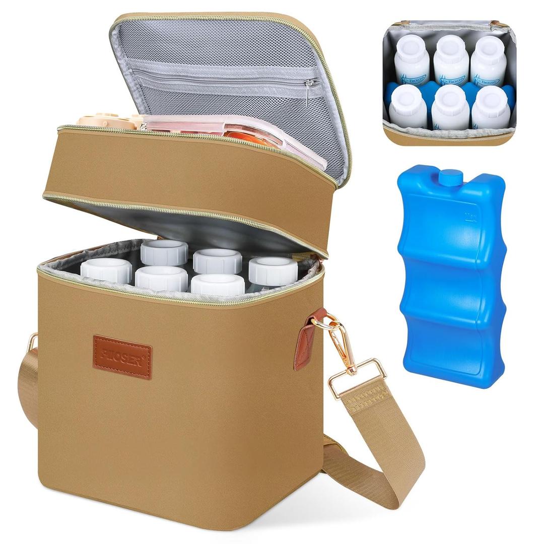 PIIOSER Breastmilk Cooler Travel Bag with Ice Pack, Insulated Bottle Bags Fits 6 Baby Bottles Up to 9 Ounce, Double Layer Waterproof Leak-Proof with Shoulder Strap for Nursing & Working Mom (Brown)