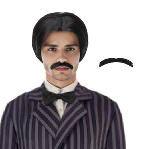 Miss U Hair Men Short Black Straight Wig Distinct Center Parting Mustache Set Cosplay Party Wig