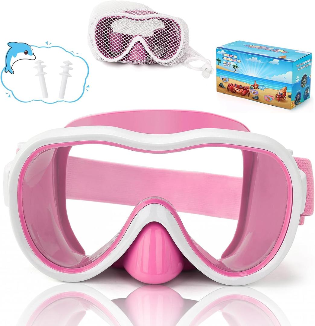 Kids Swim Goggles, Snorkel Mask Diving Mask Swimming Goggles with Nose Cover and Elastic Straps Cover & Mesh Bag & Ear Plugs