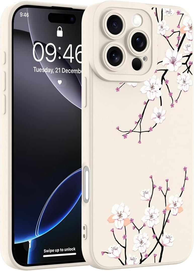 Designed for iPhone 16 Pro Case, Cute Cherry Blossom Flower Floral Pattern Design, Slim Soft TPU Liquid Silicone Protective Cover for Women Girls - White