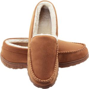 Lulex Moccasins for Men House Slippers Indoor Outdoor Plush Mens Bedroom Shoes with Hard Sole (9, Beige)