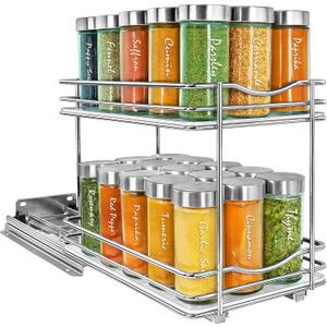 LYNK PROFESSIONAL Pull Out Spice Rack Organizer for Inside Kitchen Cabinets - 6-3/8 inch Wide - Slide Out Drawer  Chrome Sliding Spice Cabinet Organization Shelf Racks - 2 Tier
