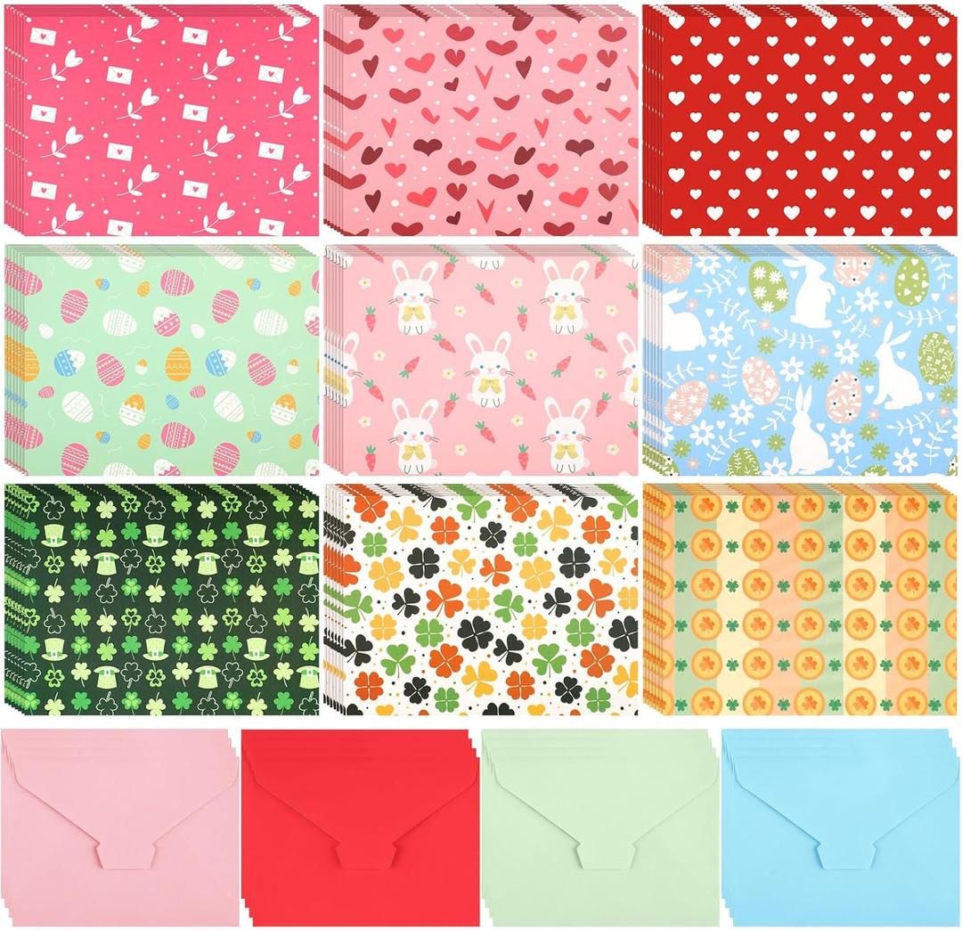 63 Sets Valentine Saint Patrick's Day Easter Cards with Envelopes Bulk Colorful Heart Rabbit Egg Four Leaf Clover Valentines Day Card 4 x 5 Inch Gift Heartfelt Greeting Cards with 9 Design (Multicolored)
