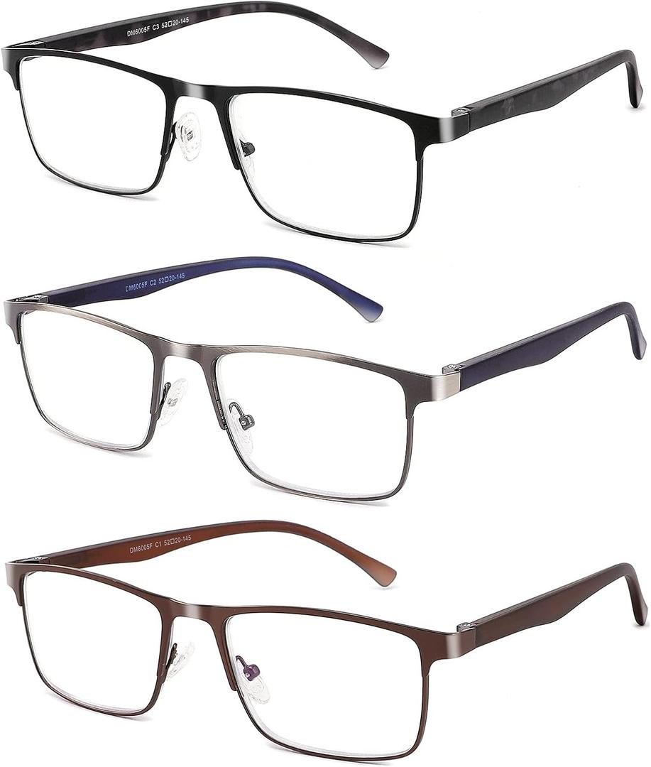 CRGATV 3-Pack Reading Glasses for Men Blue Light Filtering Full Frame Metal Readers Anti Uv/Eye Strain/Glare (3 Pacx Mix Colors)