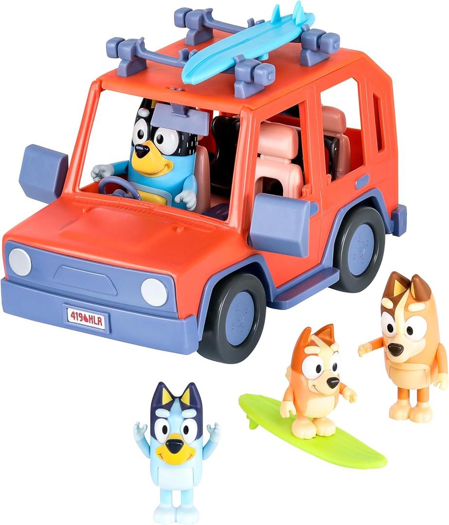 Bluey Heeler 4WD Family Toddler Toy Car with 4 Figures, Surfboards and Sticker Sheet, Pretend Play, Bluey Toys for Kids Ages 3+