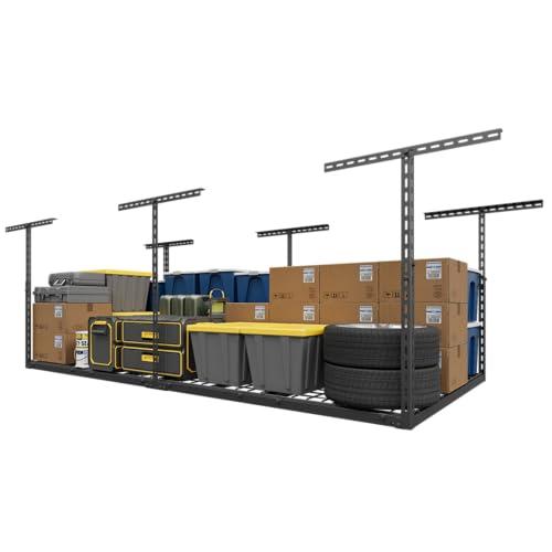 Jusgym 4X8FT Overhead Garage Storage Rack, 26"-40" Height Adjustable Garage Ceiling Storage Racks, Heavy Duty Metal Overhead Storage Organizer System, 750LBS Weight Capacity