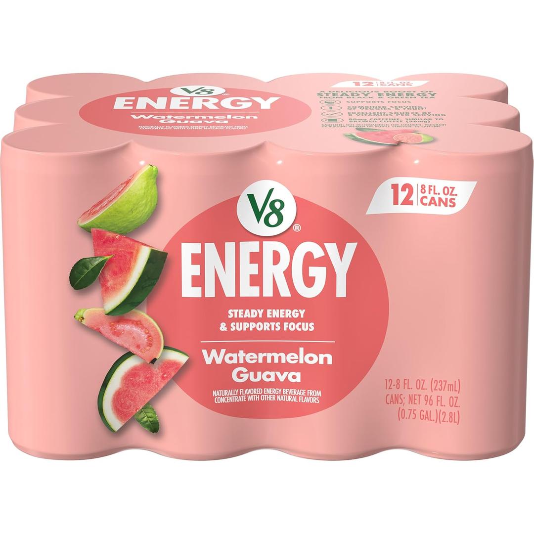 V8 Energy Watermelon Guava Energy Drink, 8 fl oz Can (12 Pack) Best By Oct 16, 2025