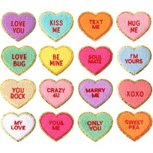 JarThenaAMCS 16Pcs Valentine Iron On Patch Gold Edge Conversation Heart Chenille Patch Colorful Embroidered Heat Transfer Iron Patch DIY Craft for Clothing Jacket Dress Backpack Hat Decorations