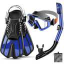 PIYAZI Snorkeling Gear for Kids Adults, 4 in 1 Snorkel Mask Fins Set with 3 Window Snorkel Mask, Dry Top Snorkel, Adjustable Short Fins and Mesh Bag, (Blue, L/XL(42-47) Adults)