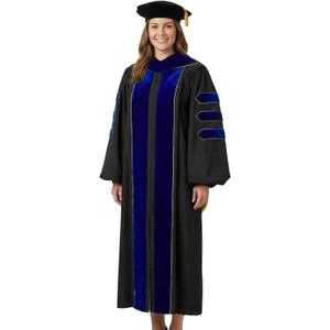 Doctoral Regalia Set with PhD Hood and 8-Side Tam Graduation Gown with Gold Piping and Velvet Trim Ceremony Attire (Blue) 48