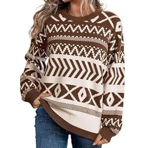 Dokotoo Brown Sweaters for Women Casual Striped Long Sleeve Pullover Jumpers Cute Crew Neck Color Block Sweater Top Lightweight Sweaters for Women Christmas Sweaters for Women Large