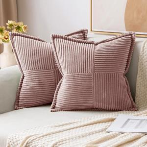 MIULEE Spring Decorative Throw Pillow Covers for Couch Bed Livingroom 20x20 Inch Set of 2 Blush Pink Boho Accent Throw Pllows Broadside Striped Patchwork Soft Corduroy Pillowcases Valentine Decor