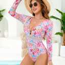 Jolefille Women One Piece Swimsuit Long Sleeve High Waisted Tummy Control Bathing Suit Full Coverage Rash Guard (M)