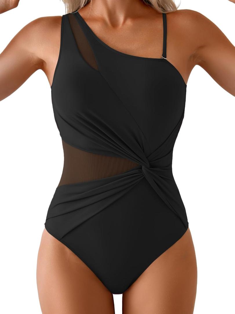 One Shoulder One Piece Swimsuit for Women Mesh Tummy Control Bathing Suit Twist Swimwear with Removable Strap (Small, Black)
