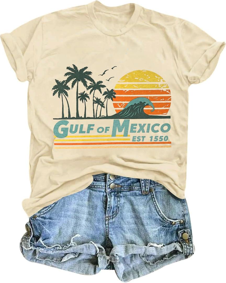 Gulf of Mexico T Shirt for Women Stay Salty and Resistance Shirts Summer Graphic Tee Tops Apricot (S)