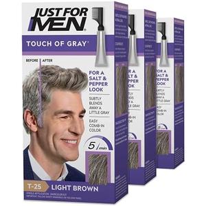 Just For Men Touch of Gray, Gray Hair Coloring Kit for Men with Comb Applicator for Easy Application, Great for a Salt and Pepper Look - Light Brown, T-25, Pack of 3
