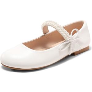 Coutgo Girls Mary Jane Dress Shoes Girl Flower Shoes Bow Pearls Ballet Flats Princess Wedding Shoes, 3Y