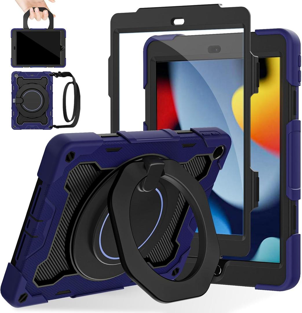 ROISKIN for iPad 9th 8th 7th Generation Case(iPad 10.2 inch) with HD Screen Protector for Kids[15ft Drop Protection] Rugged iPad Case 9 8 7 Gen 2021/2020/2019 with 360 Kickstand Handle Shoulder Strap (Navy Blue)