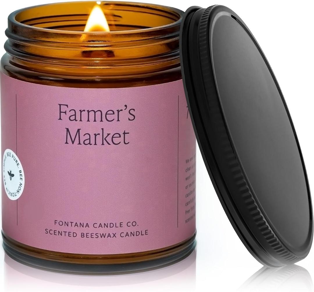 Fontana Candle Co Wood Wick Beeswax Jar Candle, Farmer's Market Made Safe with Coconut Oil & Pure Essential Oils 35+ Hrs Clean Burn, Long Lasting and Non-Toxic Candles for Home & Room Decor