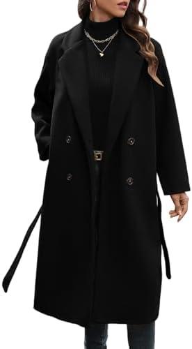 WOWULOVELY Women's Winter Double Breasted Wool Coat Long Sleeve Notched Collar Trench Long Oversized Button Down Overcoats, M