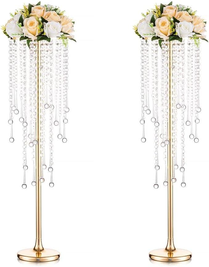 Tall Vases Wedding Centerpieces for Tables - 29.6" Gold Flower Vase with Chandelier Crystal, Centerpiece Table Decorations, Metal Flower Stand for Wedding, Reception, Party, Events, Home Décor, 2 Pcs
