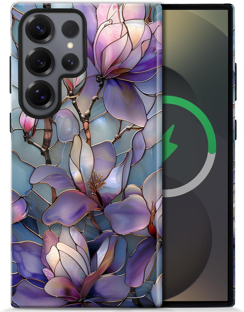 Magnetic Case for Samsung Galaxy S23,Purple Lotus Floral Case [Compatible with Magsafe] Design,Dual Layer Soft TPU Hard PC Bumper Phone Case Case for Men Women