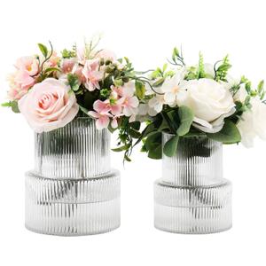 Ribbed Glass Vases for Bouquet, Set of 2 Fluted Vases for Flowers, Clear Vase for Tulips, Modern Glass Vase for Living Room, Office, Coffe Table, Dining Table, Shelf, Wedding