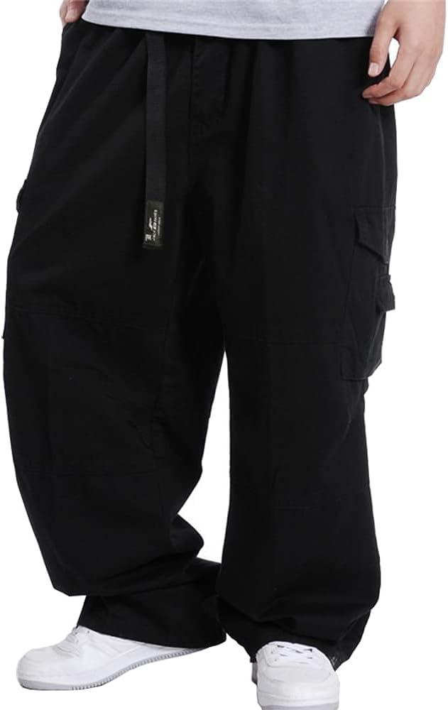 Kinghua Mens Baggy Cargo Pants Casual Loose Fit Elastic Waist Cotton Twill Cargo Pants, Black, Size 46
