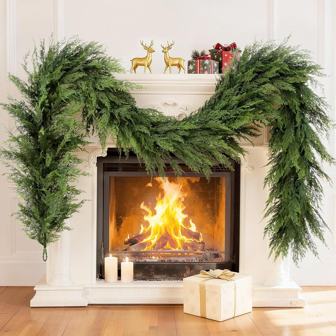 9Ft Christmas Garland, Realistic Cedar Cypress Norfolk Pine Greenery Garland Faux Christmas Decorations for Mantle, Fireplace, Table, Stairs, Doors, Porch, Indoor Outdoor Christmas Decor