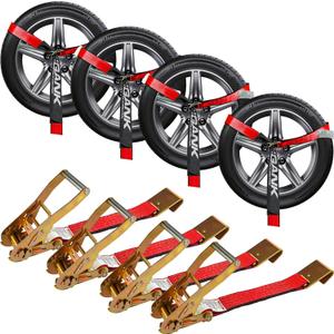 Car Tie Down Straps for Trailers (4PK) 2'' X 96'' Tire Webbing with Flat Hooks for Easy Tire Securing on Cars, SUVs, Jeeps, or Sports Cars