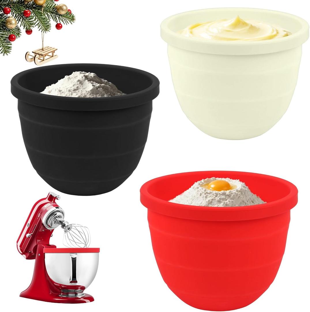 3 Pcs Foldable Silicone Liners for Kitchenaid Tilt-Head 5 QT Mixer - Dishwasher-Safe Food-Grade Silicone Bowl Insert - Simple to Use Mixer Accessories for Effortless Baking Prep (Black+Off-White+Red)