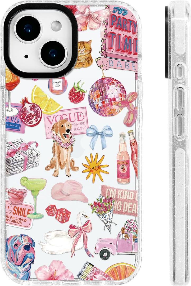 for iPhone 13 / iPhone 14 Case [Military-Grade Drop Protection/Playful Soft Slim TPU Protective/Camera Protection/Women & Girls] - Pink Y2K Collage Pattern with Disco Glam