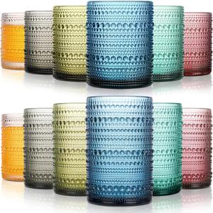 KMIGRUAN Colored Hobnail Drinking Glasses Set of 12, 15oz&12oz Kitchen Vintage Glassware, Embossed Beaded Water Tumbler for Cocktail, Juice and Various Mixed Drinks Dishwasher-Safe