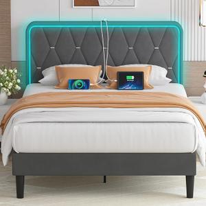VECELO Upholstered Queen Bed Frame with Headboard Adjustable, Velvet Platform Bed with LED Lights/Charging Station, Mattress Foundation with Wooden Slats, No Box Spring Needed, Elegant Grey