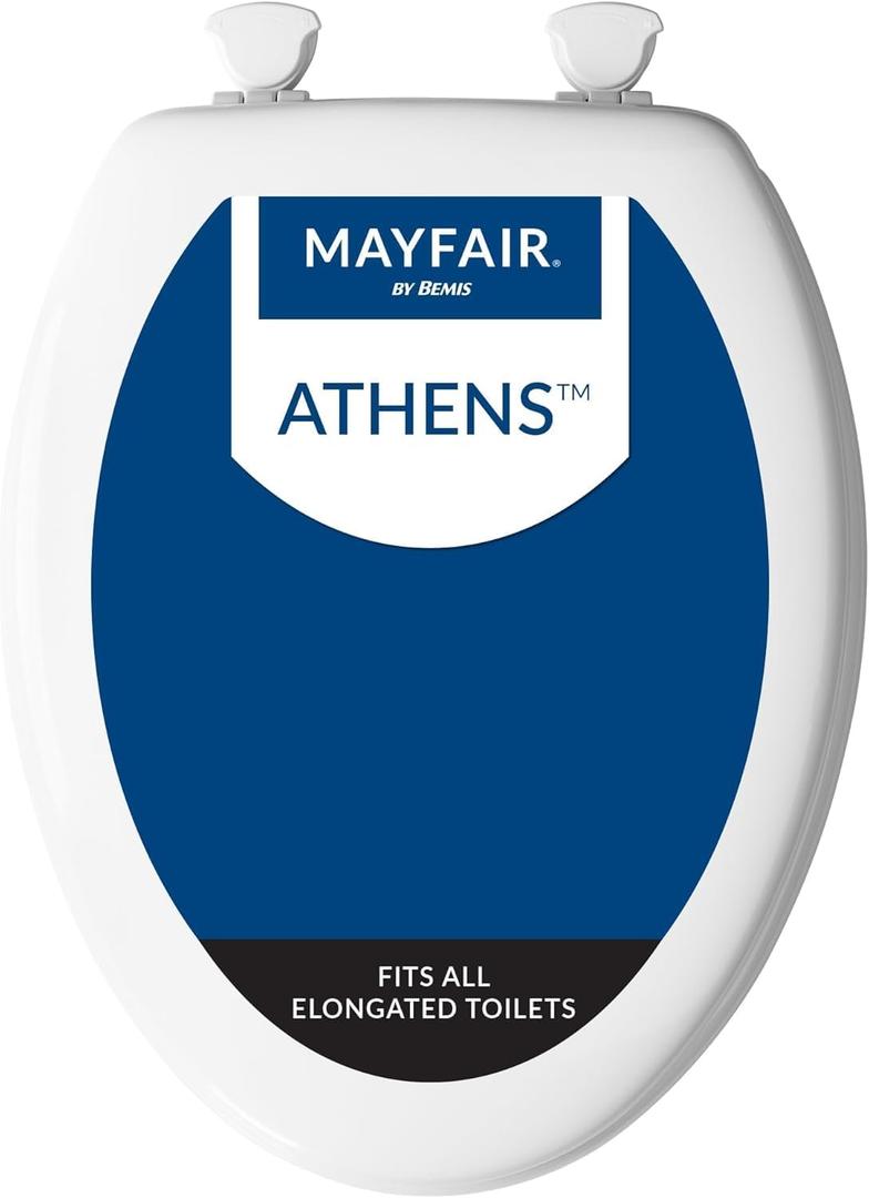 Mayfair Athens Toilet Seat, Easy Clean Hinges and Durable Wood Seat, Elongated, White