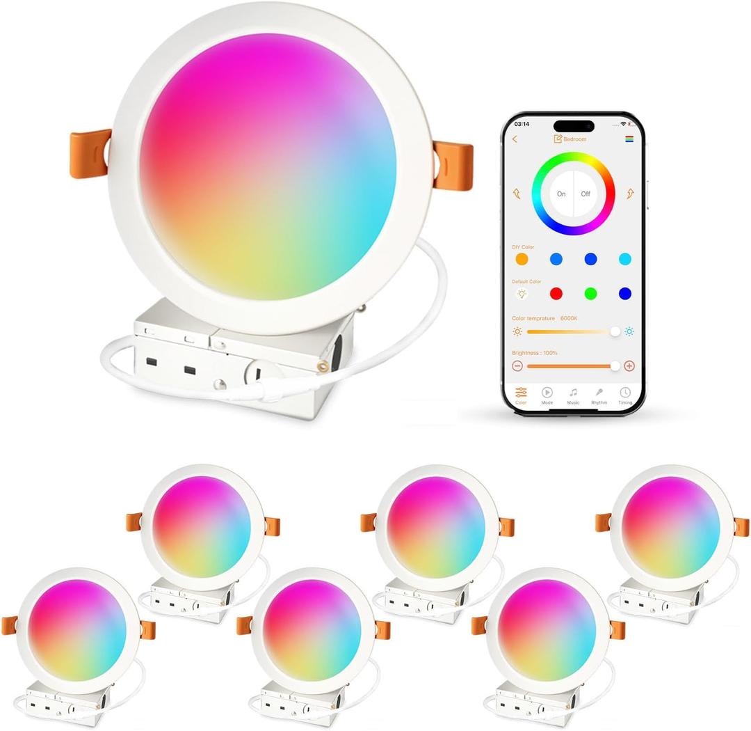 ILC 6 inch led recessed Light, Work with Alexa (Hub Required), App Controlled, RGB Color Changing, 16 Million Colors, CCT: 2700K-6000K, 14W, 120W Equivatlent, 1400LM, CRI 90, Bluetooth Mesh, 6 Packs