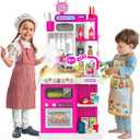 96PCS Kids Play Kitchen with Sound & Light, Cooking Stove with Steam, Play Food Toy Set for Boys and Girls (Pink)