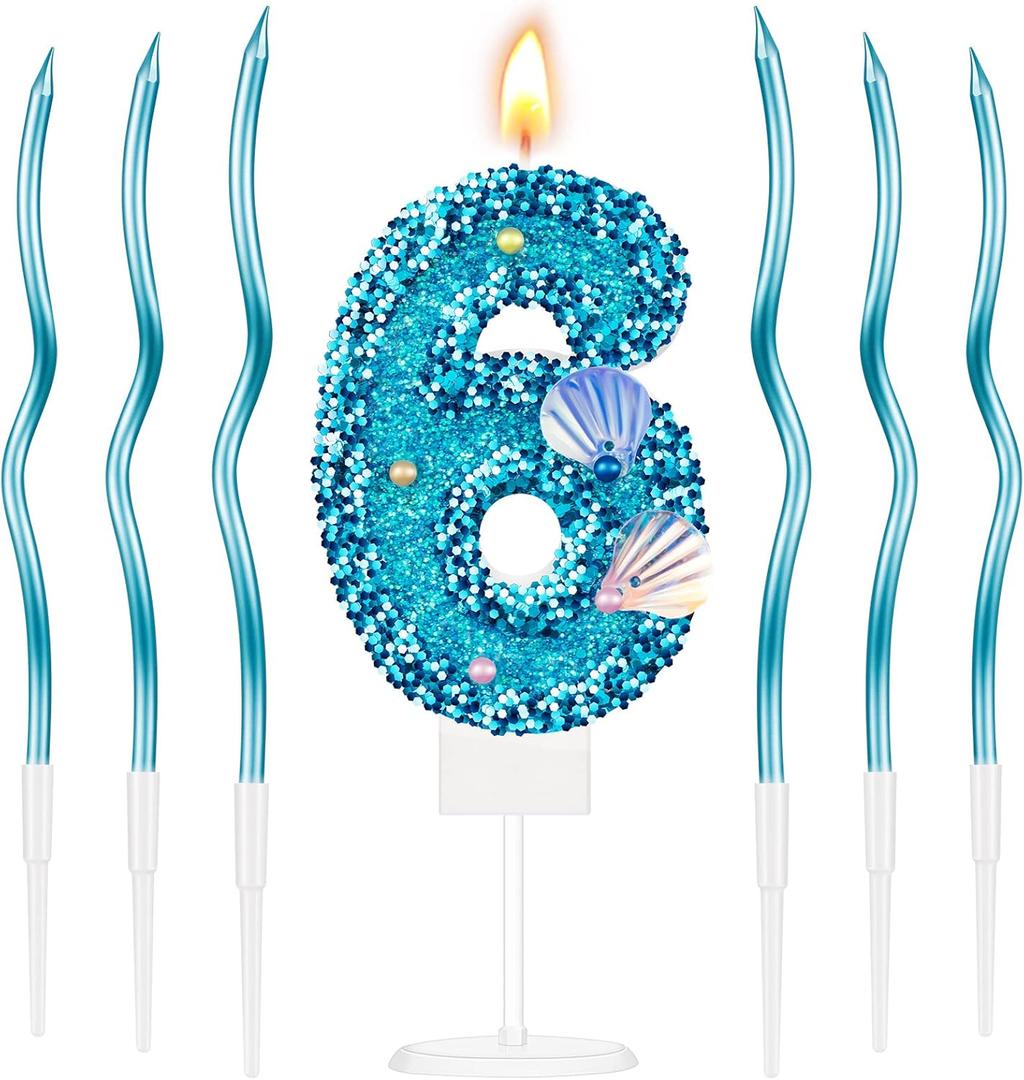 Landhoow Blue Mermaid Birthday Candles Set for Girls 2.8 Inch Sequins Candle with 6 Pcs 6.7 Inch Twisty Cake Topper for Baby Kids Birthday Anniversary Sea Party Decoration(Number 6)